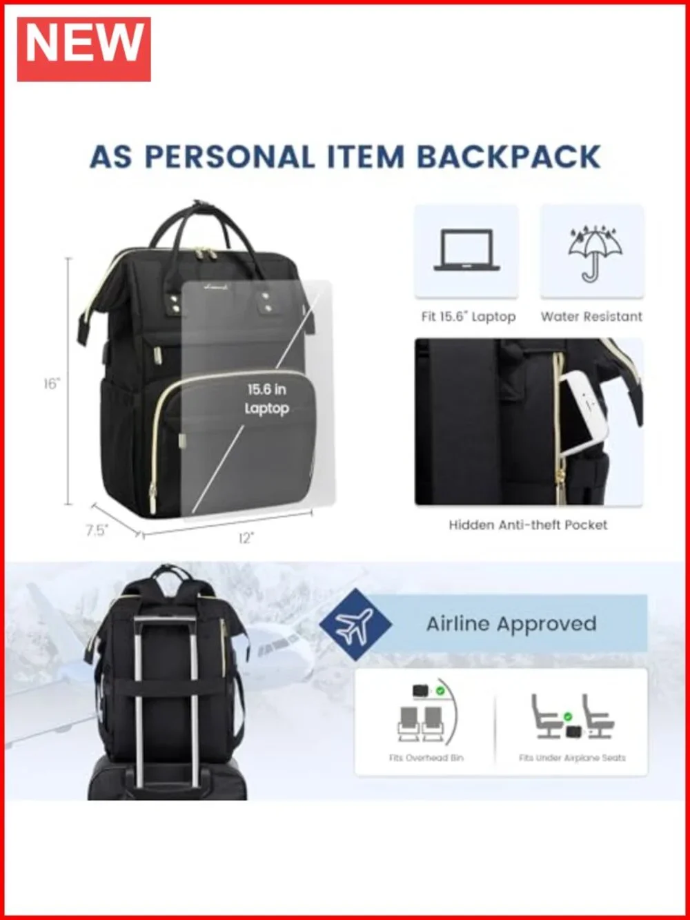 Waterproof Anti-theft Laptop Backpack for Women 15.6 Inch USB Charging